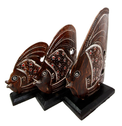 Balinese Wood Handicrafts Tropical Floral Angel Fish Family Set Of 3 Figurines