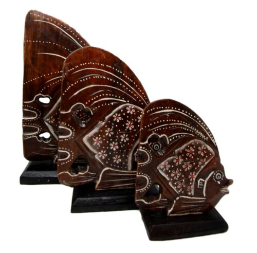 Balinese Wood Handicrafts Tropical Floral Angel Fish Family Set Of 3 Figurines