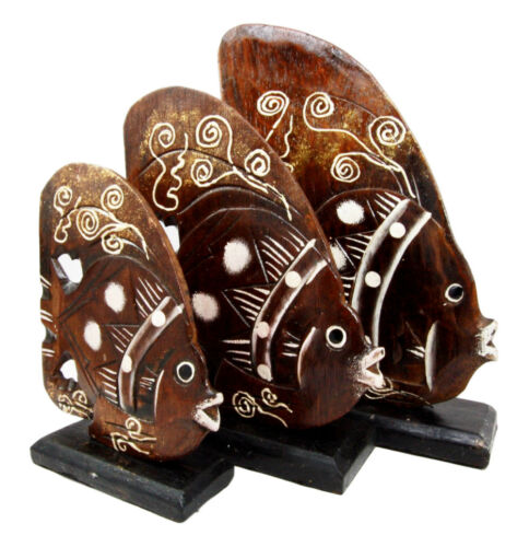 Balinese Wood Handicrafts Tropical River Angel Fish Family Set Of 3 Figurines