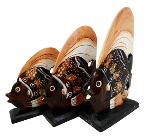 Balinese Wood Handicrafts Tropical Solar Angel Fish Family Set Of 3 Figurines