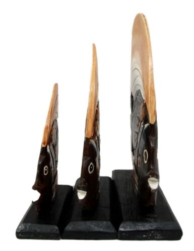 Balinese Wood Handicrafts Tropical Solar Angel Fish Family Set Of 3 Figurines
