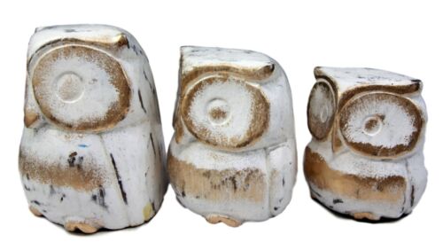 Balinese Wood Handicrafts White & Gold Forest Owl Family Set Of 3 Figurines 4"H