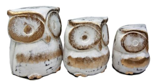 Balinese Wood Handicrafts White & Gold Forest Owl Family Set Of 3 Figurines 4"H