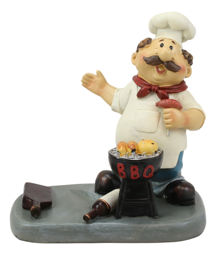 BBQ Pitmaster Grilling Chef Holding Sausage In A Fork Wine Bottle Holder Statue