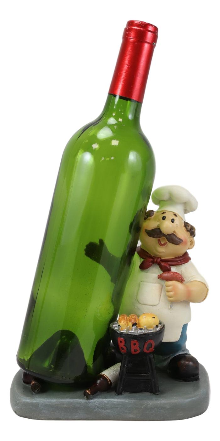 BBQ Pitmaster Grilling Chef Holding Sausage In A Fork Wine Bottle Holder Statue