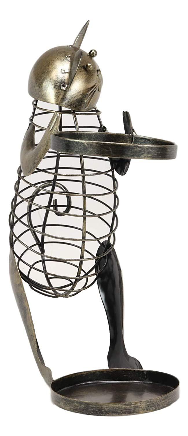 Beckoning Cat Decorative Cork And Wine Bottle Holder Hand Made Metal Sculpture
