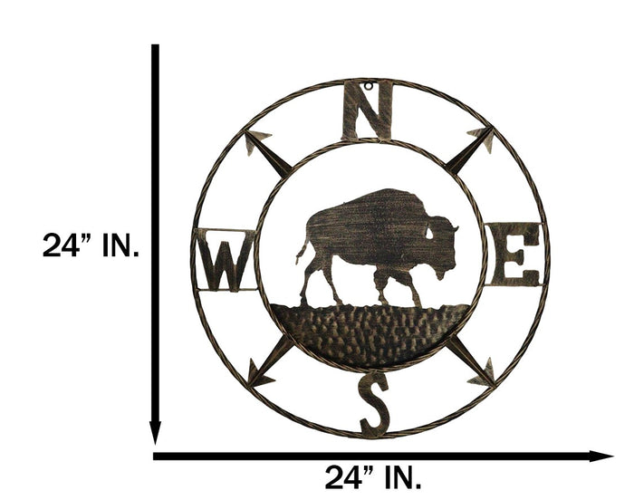 Bison Buffalo With N-S-E-W Compass Cardinal Directions Metal Wall Circle Sign