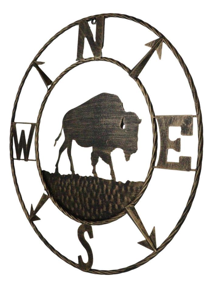 Bison Buffalo With N-S-E-W Compass Cardinal Directions Metal Wall Circle Sign