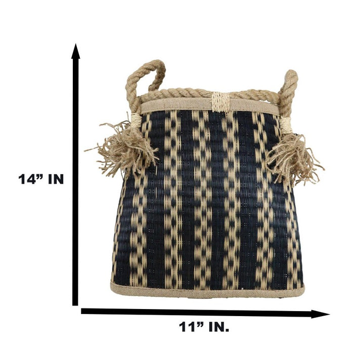 Black And Beige Open Hand Woven Seagrass Wicker Baskets With Handles Set Of 2
