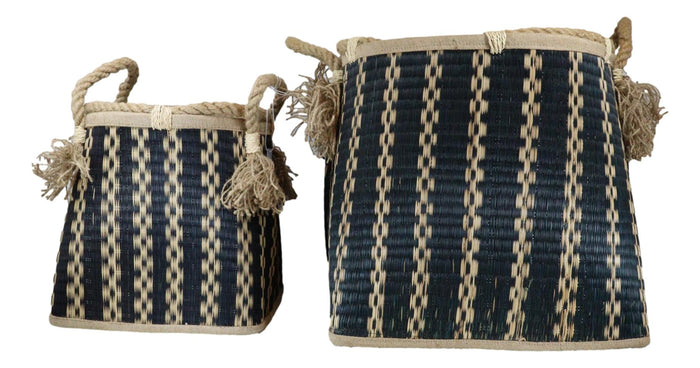 Black And Beige Open Hand Woven Seagrass Wicker Baskets With Handles Set Of 2