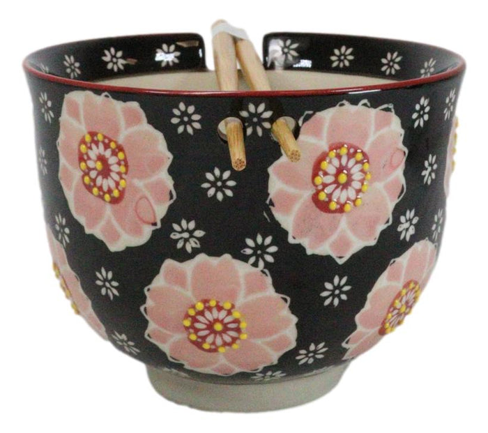 Black And Pink Cherry Blossoms Sakura Donburi Ramen Bowl With Chopsticks Set