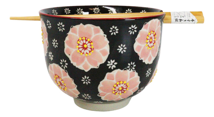 Black And Pink Cherry Blossoms Sakura Donburi Ramen Bowl With Chopsticks Set Black And Pink Cherry Blossoms Sakura Donburi Ramen Bowl With Chopsticks Set