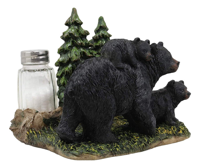 Black Bear And Cubs Strolling The Forest Paper Napkin Salt Pepper Shakers Holder