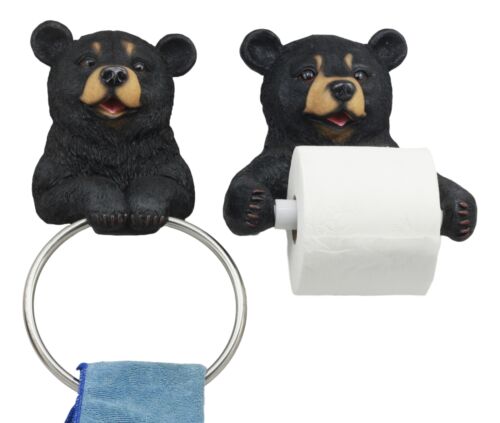 Black Bear Toilet Paper And Hand Towel Holder Set Whimsical Bear Bathroom Decors