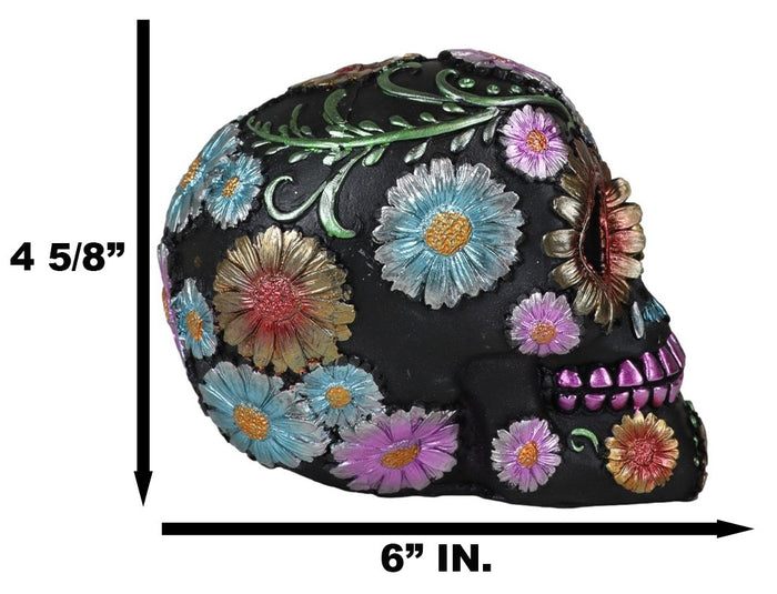 Black Day Of The Dead Colorful Floral Blooms Sugar Skull Macabre Figurine 6"L