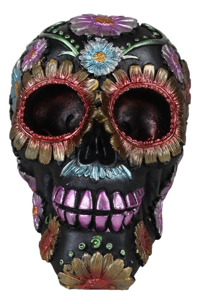 Black Day Of The Dead Colorful Floral Blooms Sugar Skull Macabre Figurine 6"L