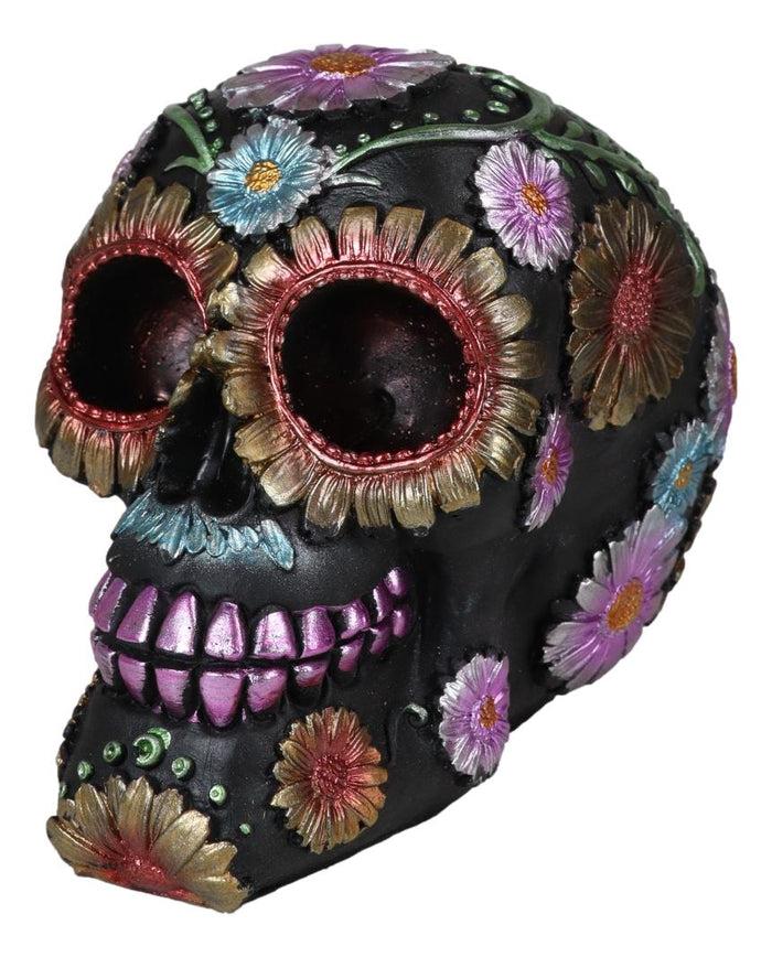 Black Day Of The Dead Colorful Floral Blooms Sugar Skull Macabre Figurine 6"L