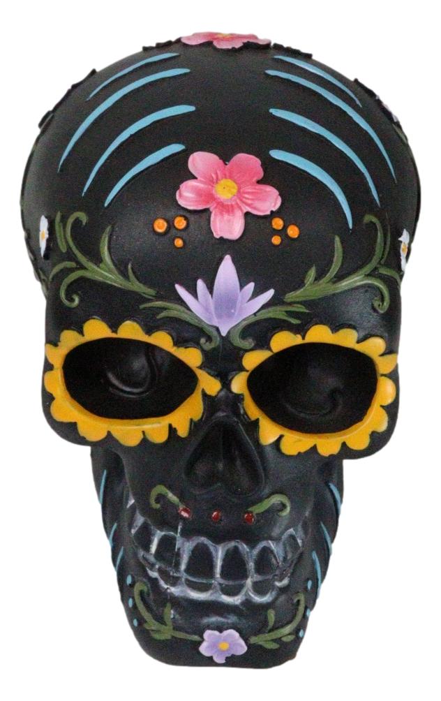 Black Day Of The Dead Colorful Sunflowers Floral Blooms Sugar Skull Figurine