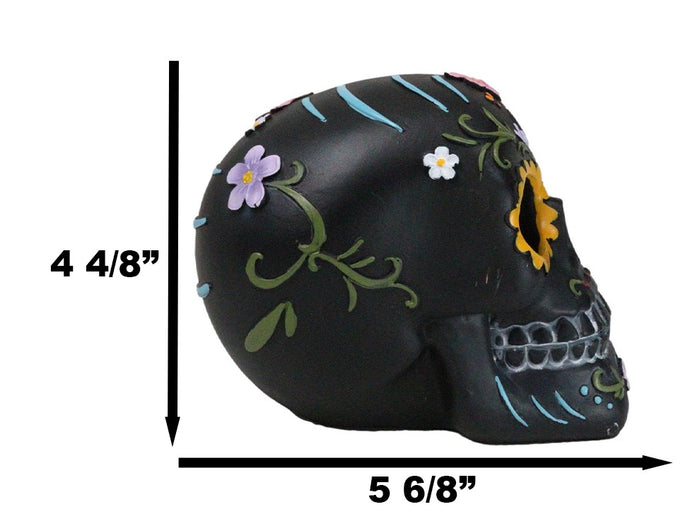 Black Day Of The Dead Colorful Sunflowers Floral Blooms Sugar Skull Figurine