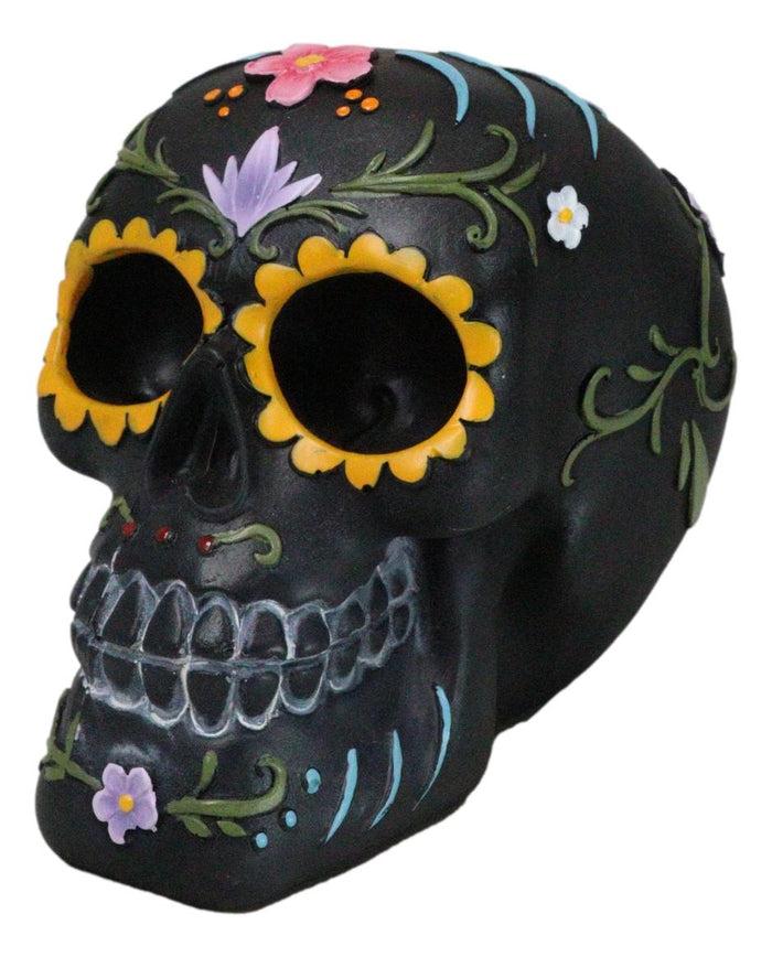 Black Day Of The Dead Colorful Sunflowers Floral Blooms Sugar Skull Figurine