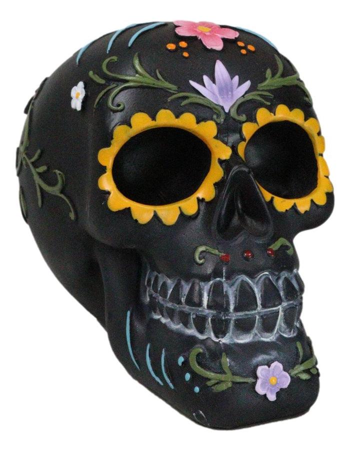 Black Day of The Dead Colorful Sunflowers Floral Blooms Sugar Skull Figurine Black Day of The Dead Colorful Sunflowers Floral Blooms Sugar Skull Figurine