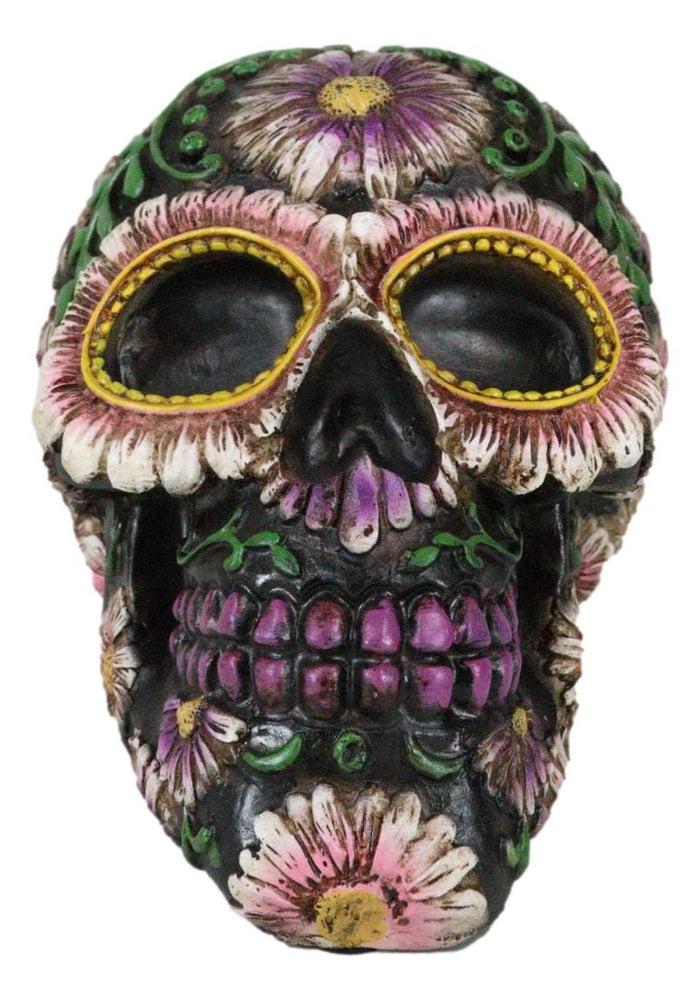 Black Day Of The Dead Purple Fuchsia Floral Blooms Sugar Skull Figurine 7.5"L