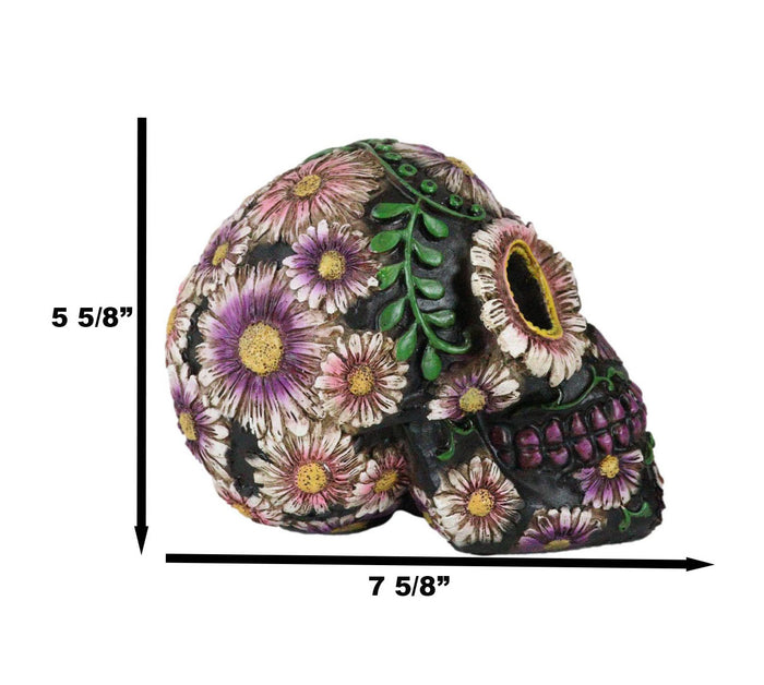 Black Day Of The Dead Purple Fuchsia Floral Blooms Sugar Skull Figurine 7.5"L