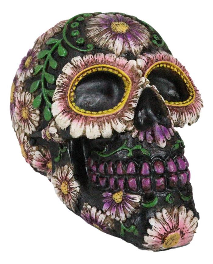 Black Day Of The Dead Purple Fuchsia Floral Blooms Sugar Skull Figurine 7.5"L