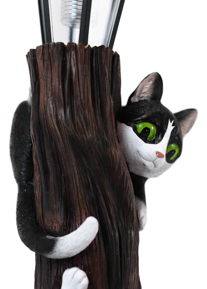 Black Kitten Cats By Garden Tree Outpost Statue With Solar LED Lantern Light