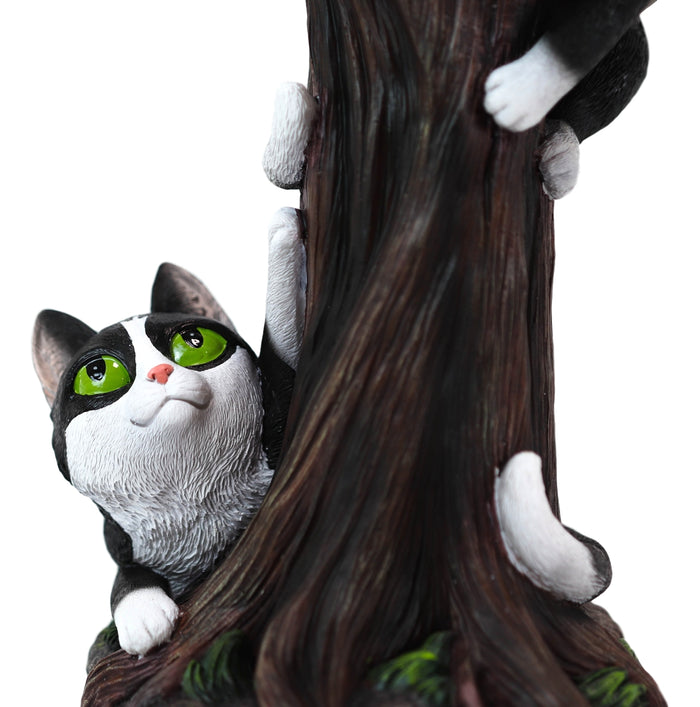 Black Kitten Cats By Garden Tree Outpost Statue With Solar LED Lantern Light