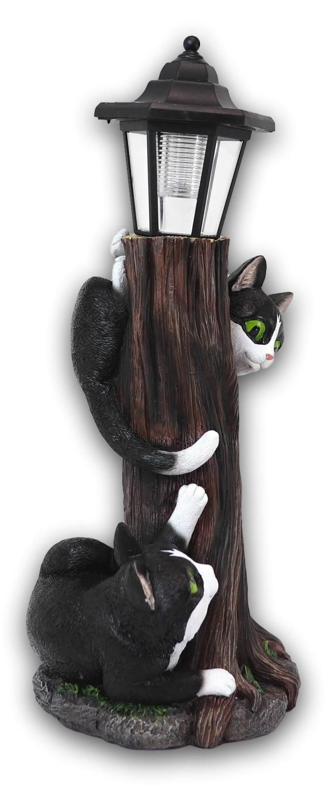 Black Kitten Cats By Garden Tree Outpost Statue With Solar LED Lantern Light