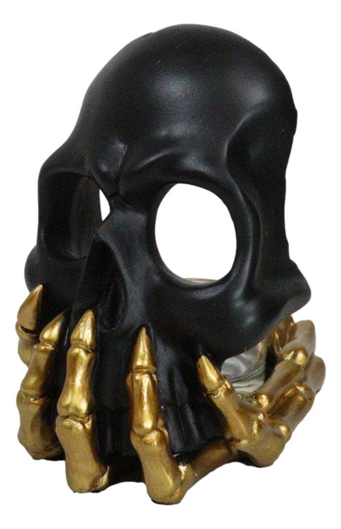 Black Phantom Skull Mask On Gold Skeleton Hand Votive Tea Light Candle Holder