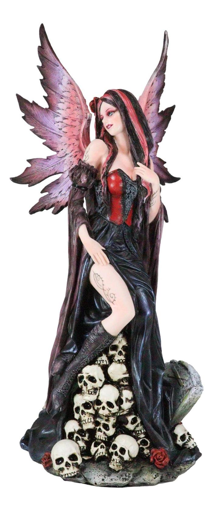 Black Sorceress Skulls Fairy With Red Rose Standing On Tombstone Figurine 15"H