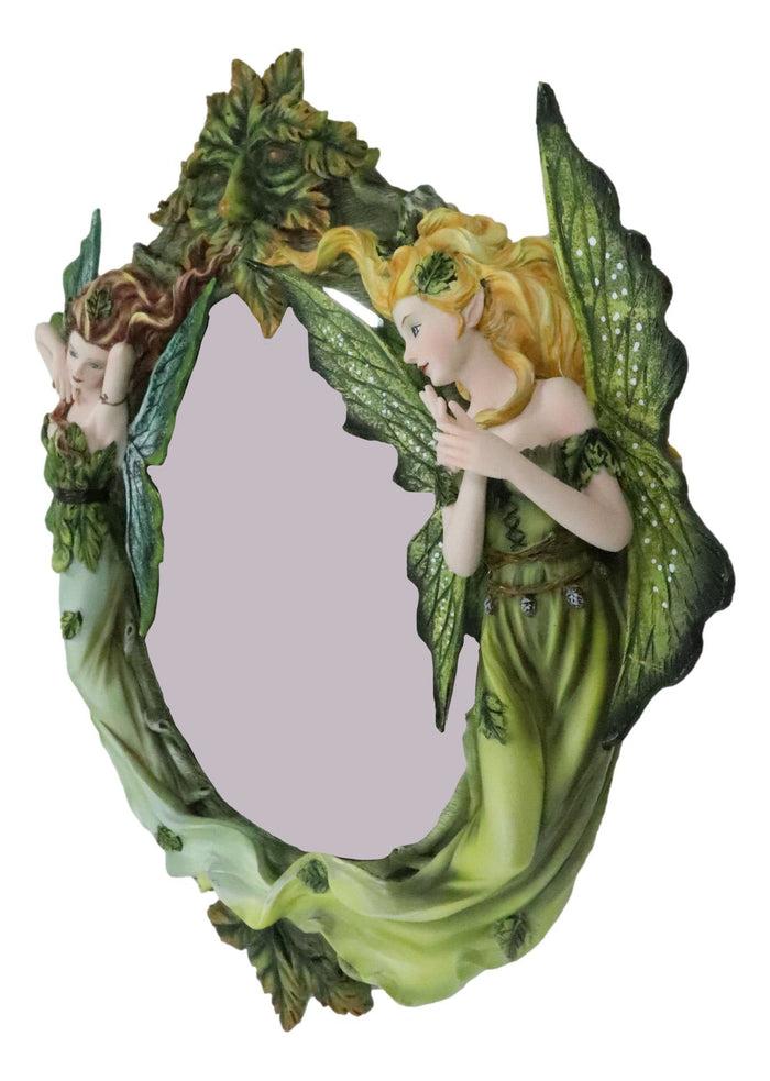 Blonde And Brunette Fairies In Enchanted Forest With Greenman Wall Mirror Decor