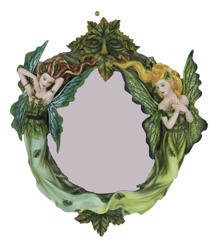 Blonde And Brunette Fairies In Enchanted Forest With Greenman Wall Mirror Decor