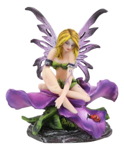 Blonde Fairy Petunia With Ladybug And Purple Iris Flower Blossom Statue 4.5"Tall