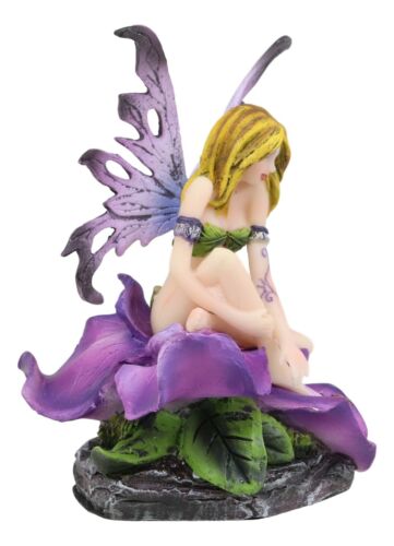 Blonde Fairy Petunia With Ladybug And Purple Iris Flower Blossom Statue 4.5"Tall