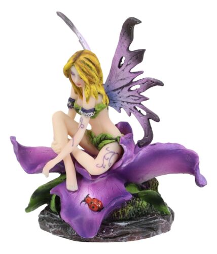 Blonde Fairy Petunia With Ladybug And Purple Iris Flower Blossom Statue 4.5"Tall