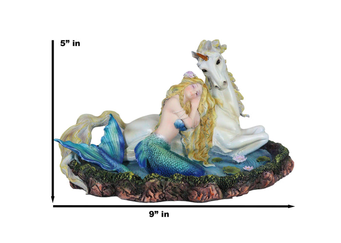 Blonde Mermaid Siren Princess Ariel With Rare White Unicorn In Lily Pond Statue