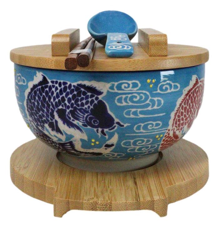 Blue And Red Koi Fishes Donburi Ramen Bowl With Lid Trivet Spoon Chopsticks Set