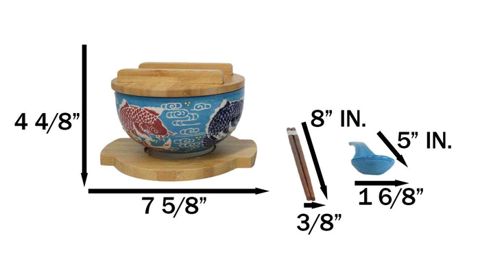 Blue And Red Koi Fishes Donburi Ramen Bowl With Lid Trivet Spoon Chopsticks Set