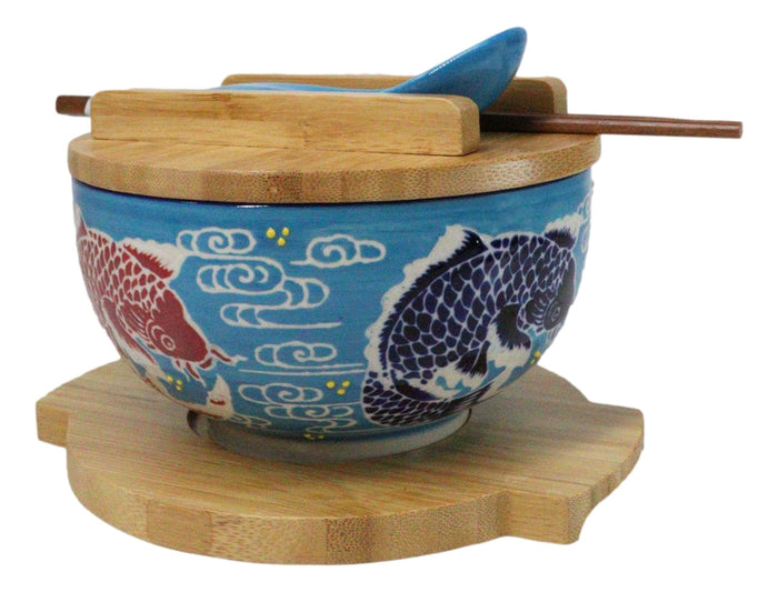 Blue And Red Koi Fishes Donburi Ramen Bowl With Lid Trivet Spoon Chopsticks Set