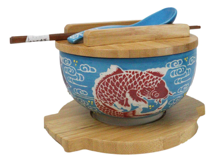 Blue And Red Koi Fishes Donburi Ramen Bowl With Lid Trivet Spoon Chopsticks Set