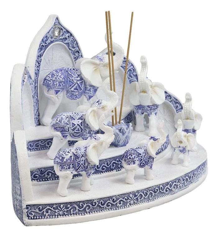 Blue And White Miniature Thai Elephants With Buddha Shrine Display Figurine Set