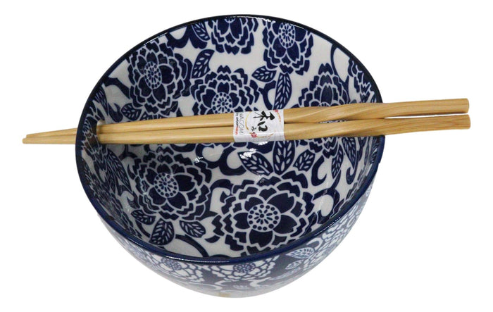 Blue Botanica Floral Blossoms 20Oz Donburi Ramen Soup Bowl With Chopsticks Set