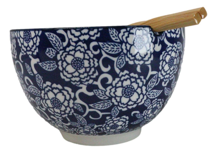 Blue Botanica Floral Blossoms 20Oz Donburi Ramen Soup Bowl With Chopsticks Set