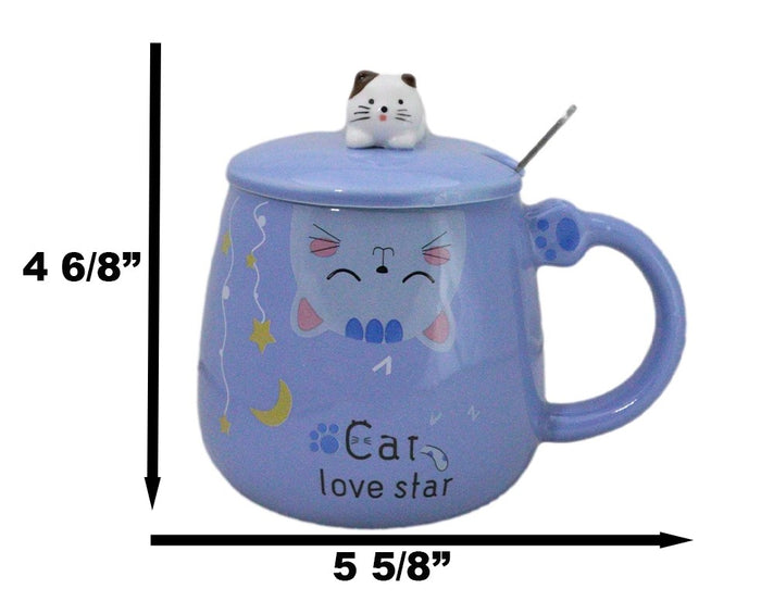 Blue Calico Cat Love Star Coffee Mug Cup With Spoon And Kitten Knob Lid 15oz
