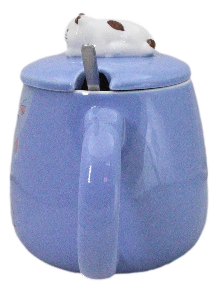 Blue Calico Cat Love Star Coffee Mug Cup With Spoon And Kitten Knob Lid 15oz