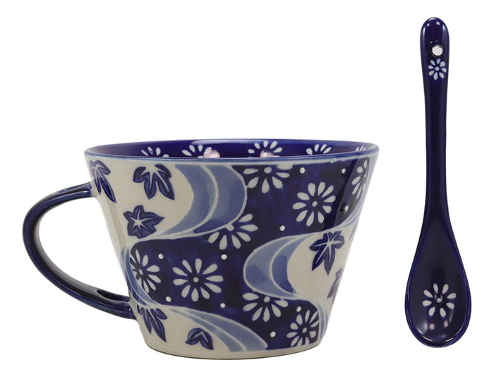 Blue Chrysanthemum Breeze Porcelain Coffee Tea Cafe Mug With Spoon 12oz