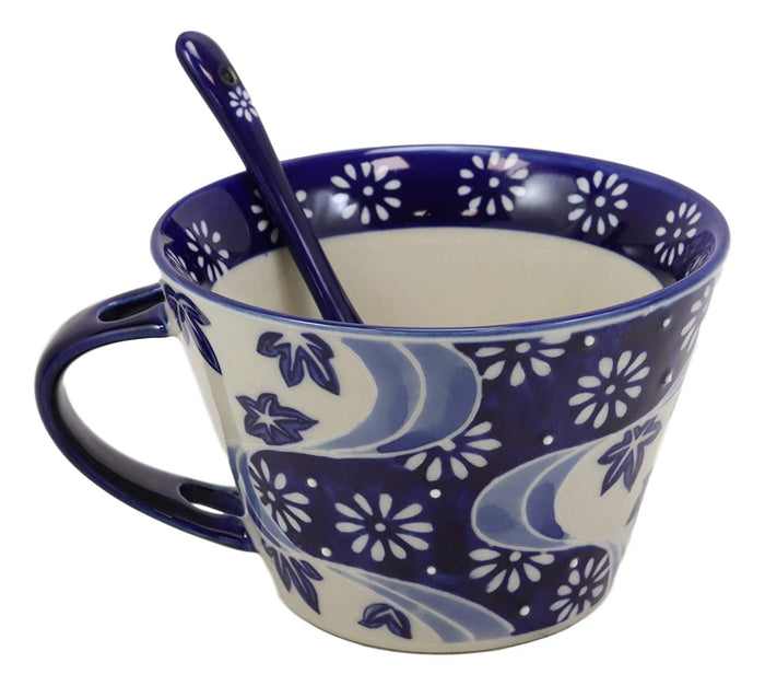 Blue Chrysanthemum Breeze Porcelain Coffee Tea Cafe Mug With Spoon 12oz
